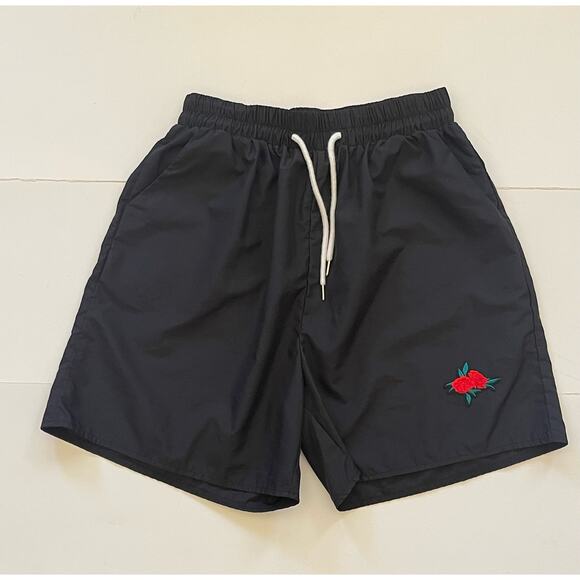 Romwe Shorts Black Drawstring Polyester Embroidered Rose Patch Large - Picture 2 of 8